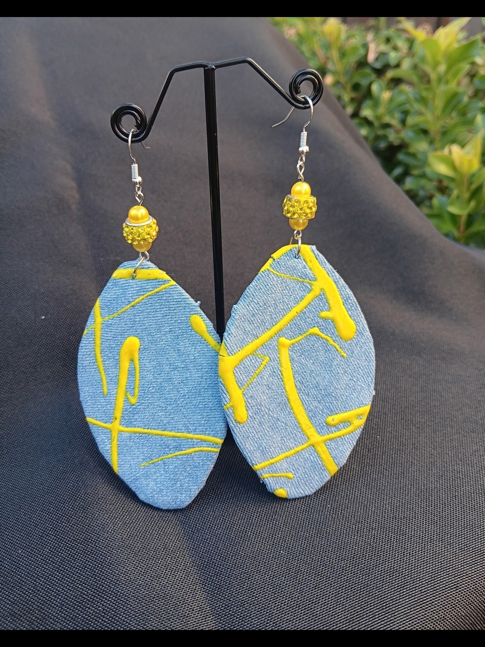 Handmade Blue Denim Earrings with Yellow Accent Beads